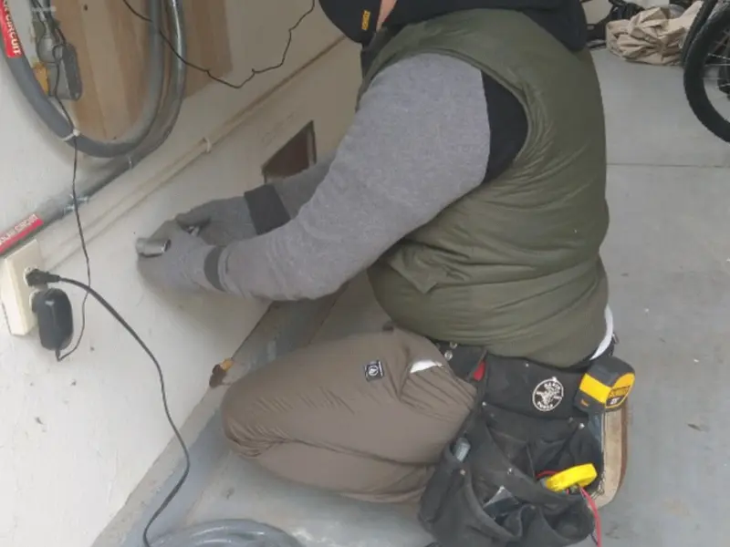 Electrician performing outlet wiring in a Little Falls garage